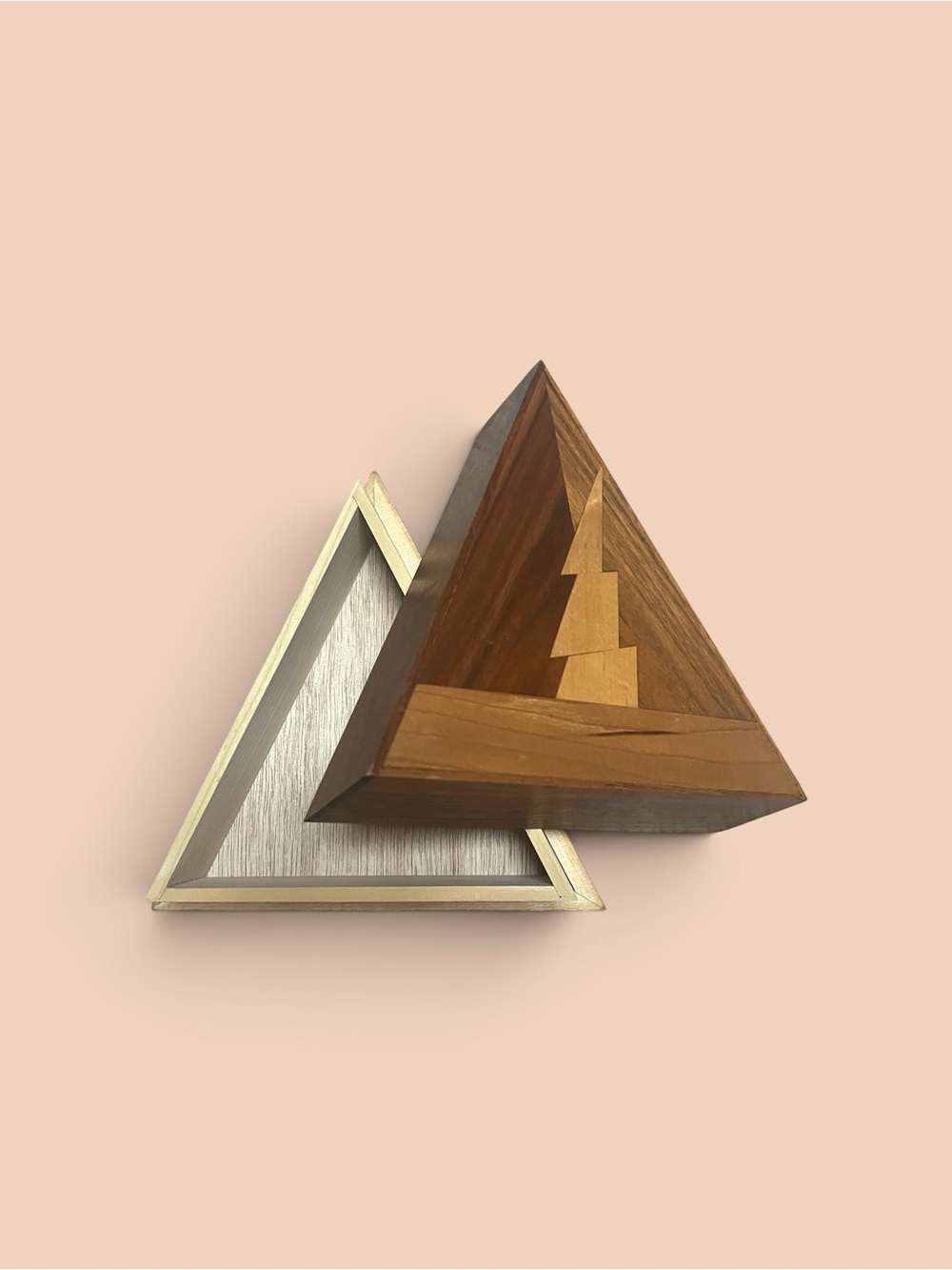 Wooden Triangle Jewelry Box with Geometric Inlay - Brown